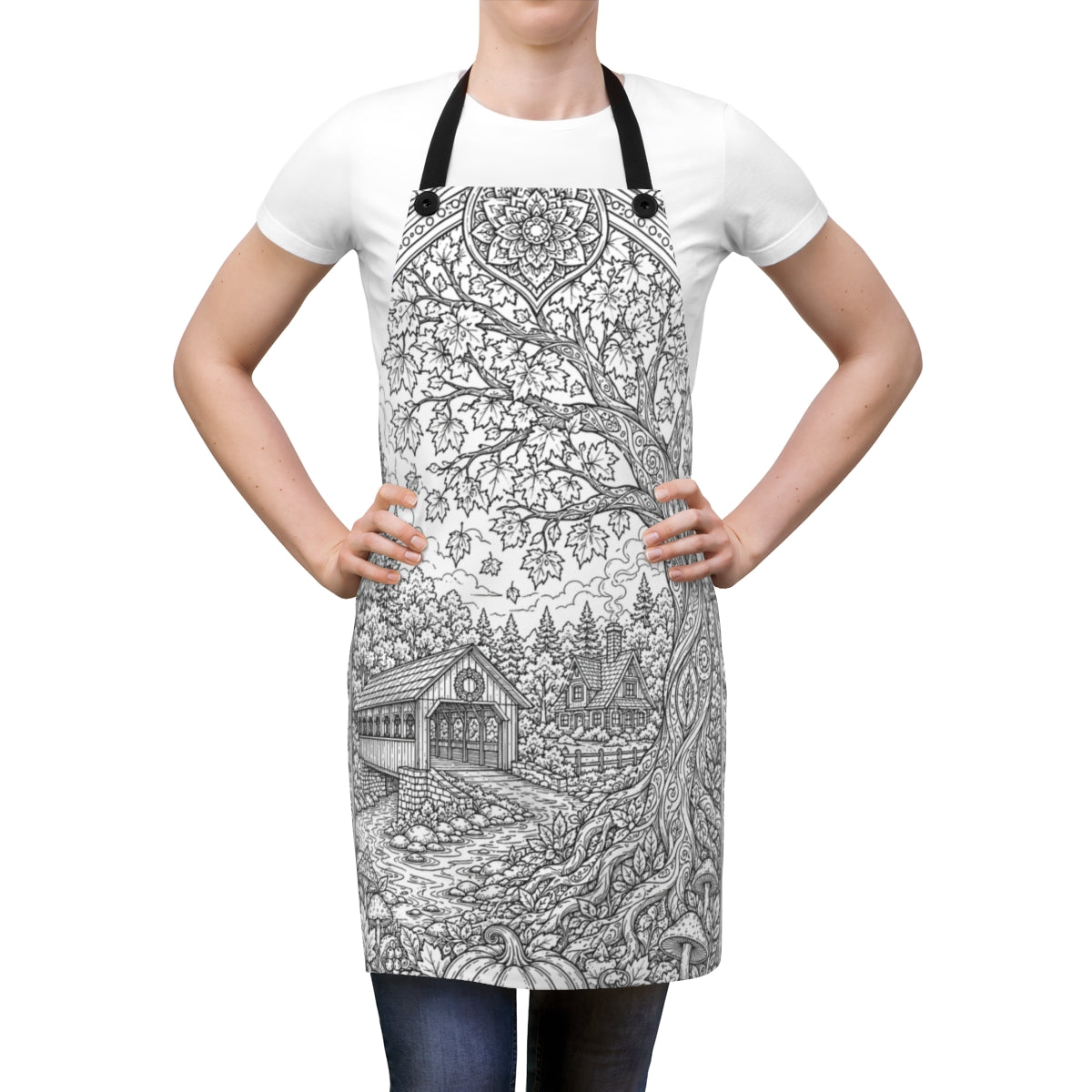 Autumn Covered Bridge Apron coloring kit shown in a lifestyle mockup - worn by a woman