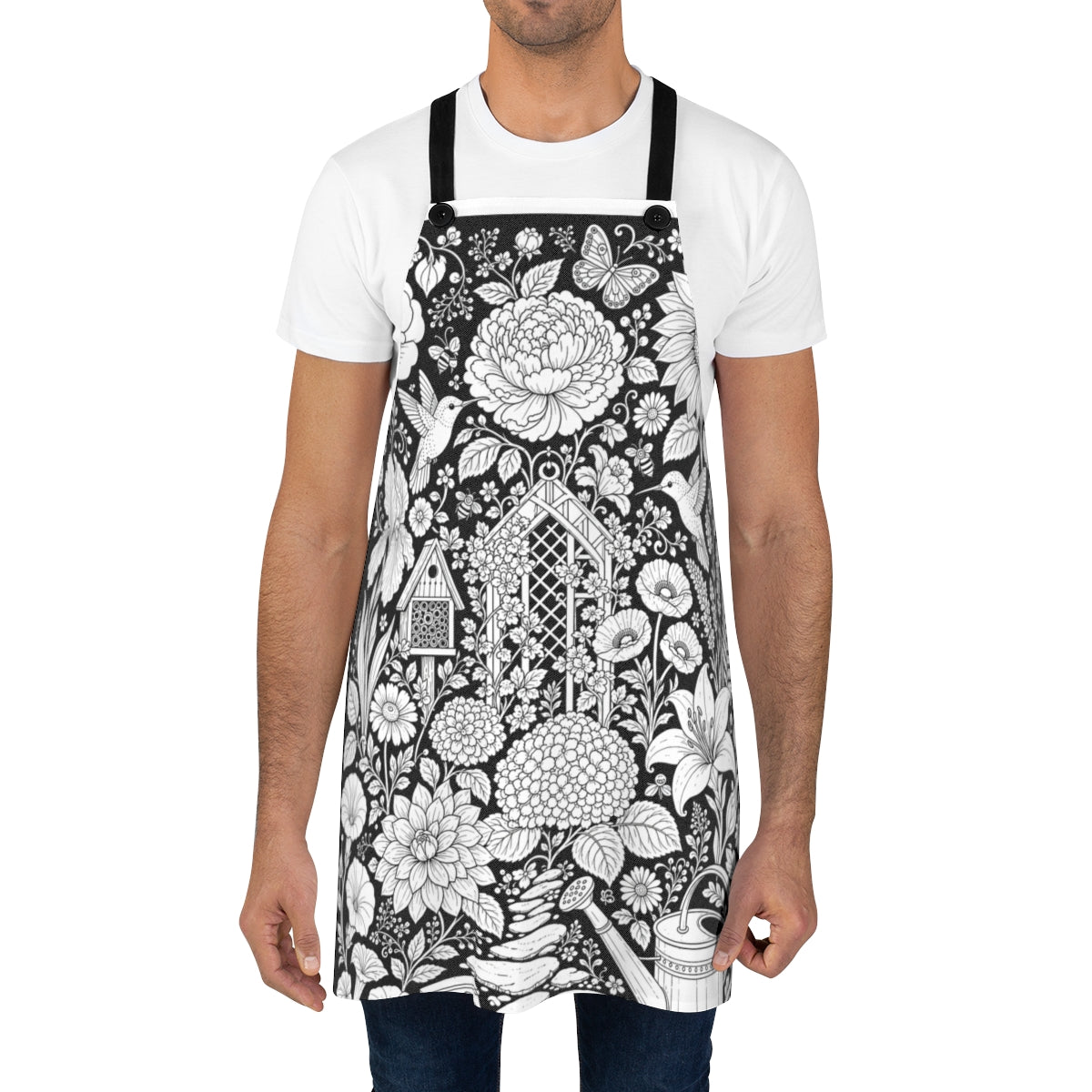 Hummingbird Flower Garden Apron kit shown in a lifestyle mockup - worn by a man