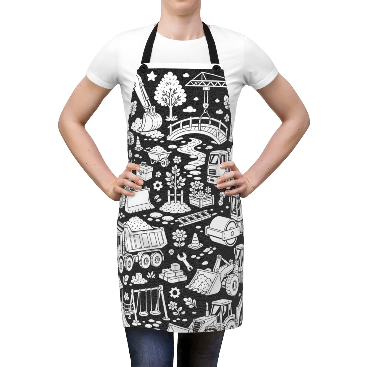 Construction Site Machines Apron kit shown in a lifestyle mockup - worn by a woman