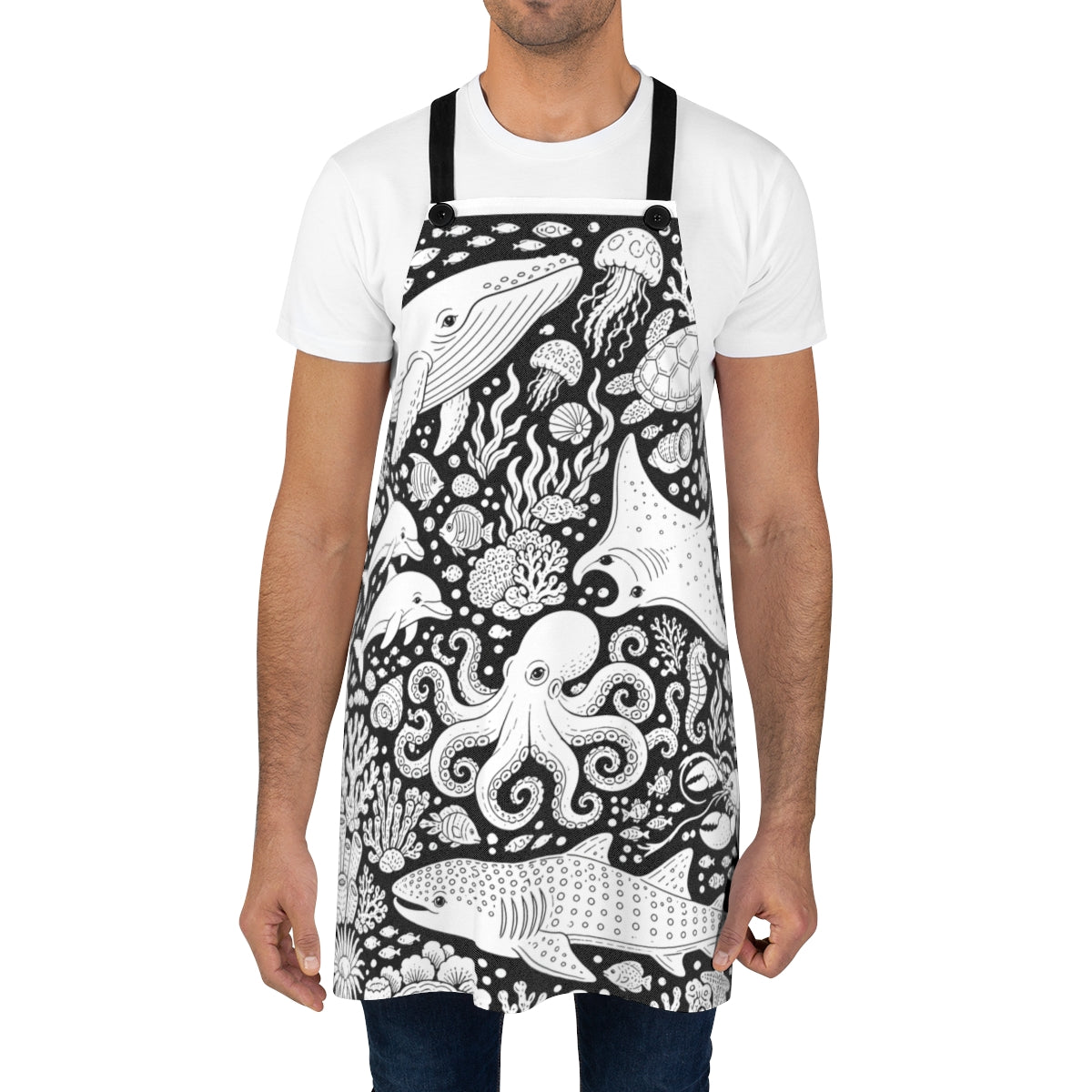 Ocean Wildlife Coral Reef Apron kit shown in a lifestyle mockup - worn by a man