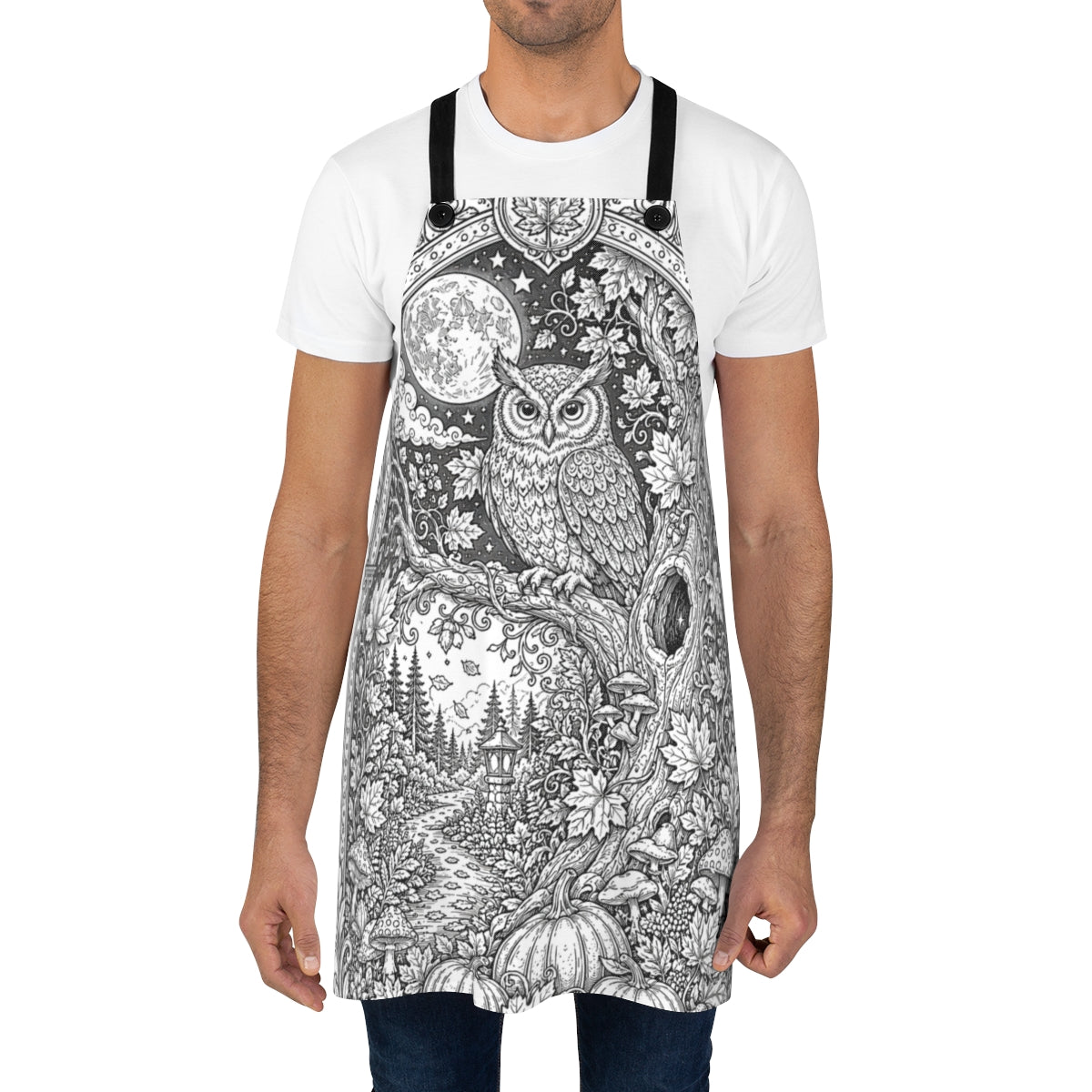 Autumn Moonlit Owl Apron kit shown in a lifestyle mockup - worn by a man