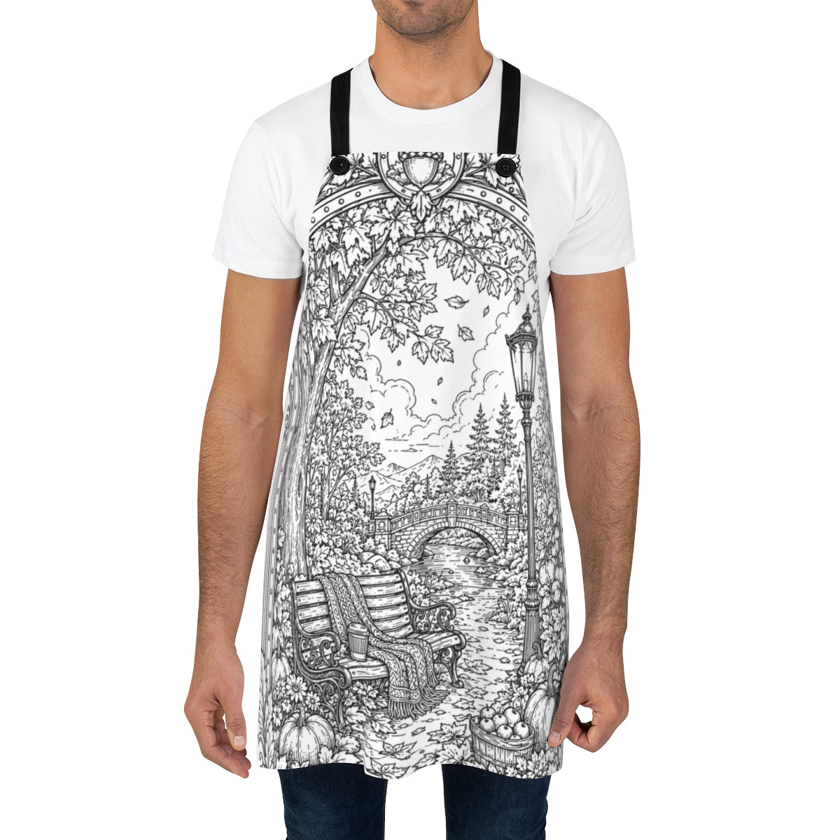 Autumn Park Bench Apron kit shown in a lifestyle mockup - worn by a man