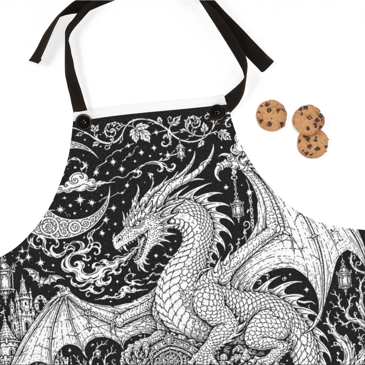 Dragon Castle Treasure Apron kit shown in a lifestyle mockup - fabric close-up