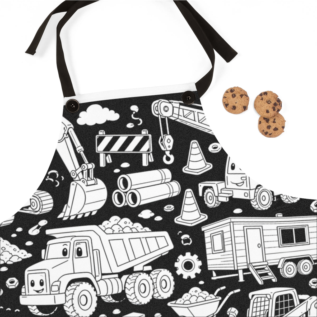 Happy Construction Trucks Apron kit shown in a lifestyle mockup - fabric close-up