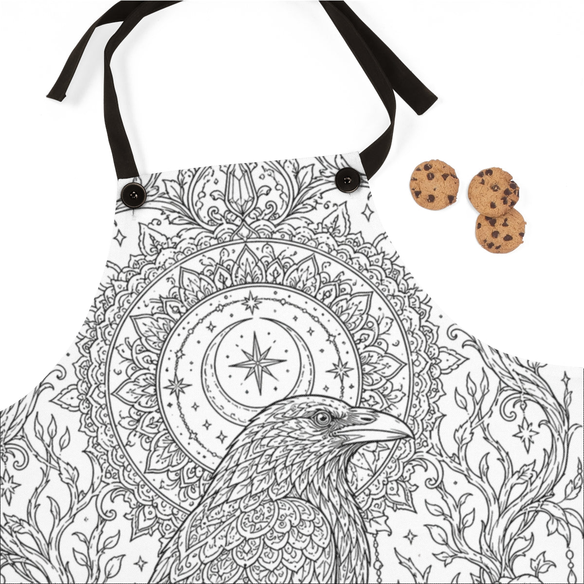 Celestial Raven Moon Garden Apron kit shown in a lifestyle mockup - fabric close-up