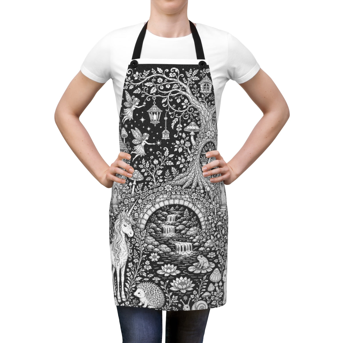 Mushroom Woodland Unicorn Apron kit shown in a lifestyle mockup - worn by a woman