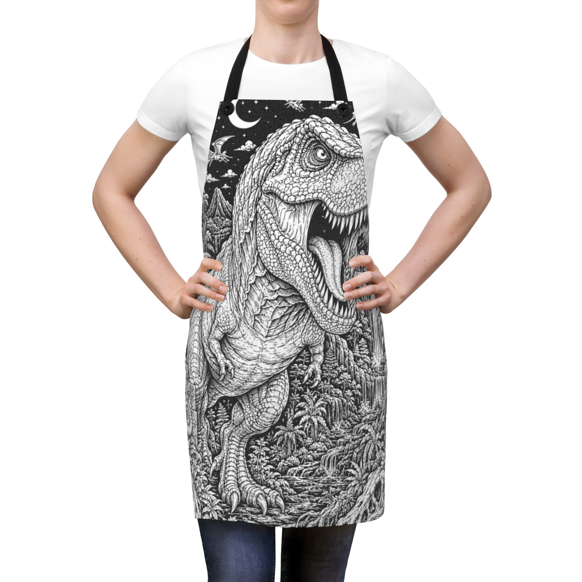 T Rex Rainforest Apron kit shown in a lifestyle mockup - worn by a woman