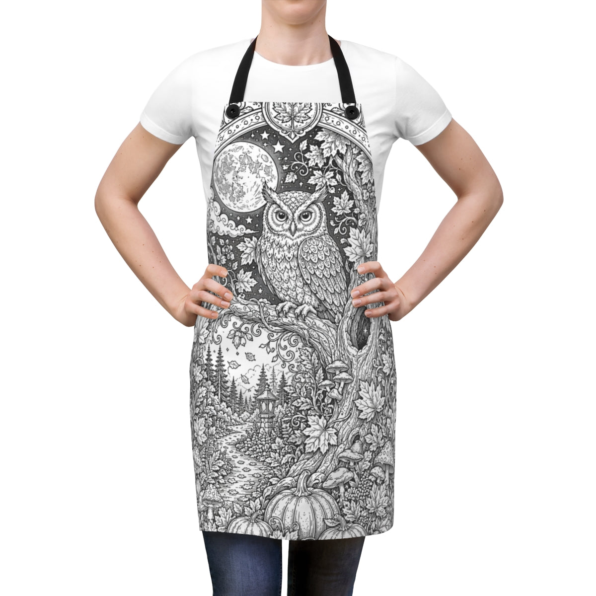 Autumn Moonlit Owl Apron kit shown in a lifestyle mockup - worn by a woman