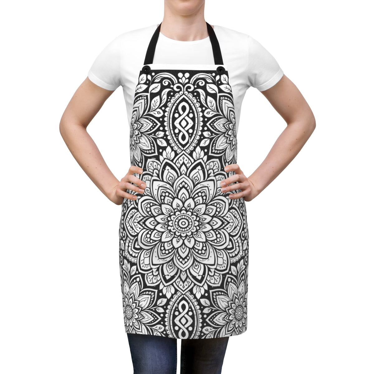 Lotus Bloom Mandala Apron kit shown in a lifestyle mockup - worn by a woman