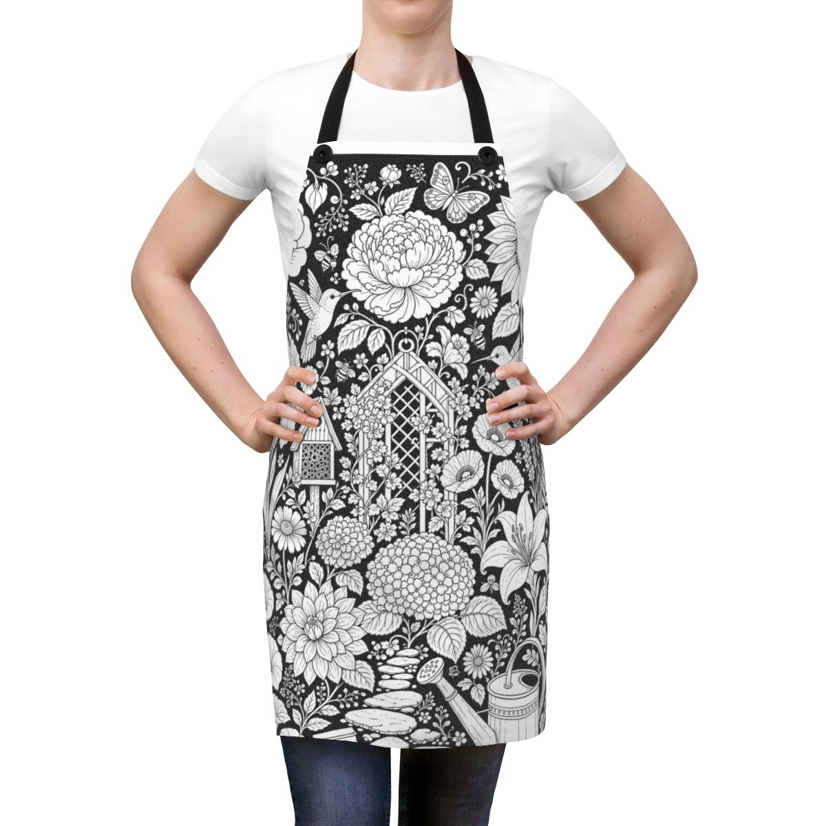Hummingbird Flower Garden Apron kit shown in a lifestyle mockup - worn by a woman