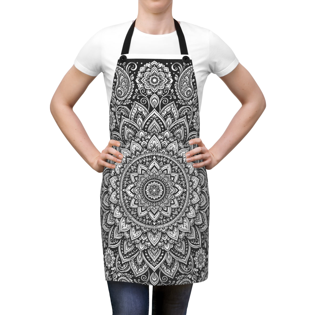 Paisley Flower Mandala Apron kit shown in a lifestyle mockup - worn by a woman