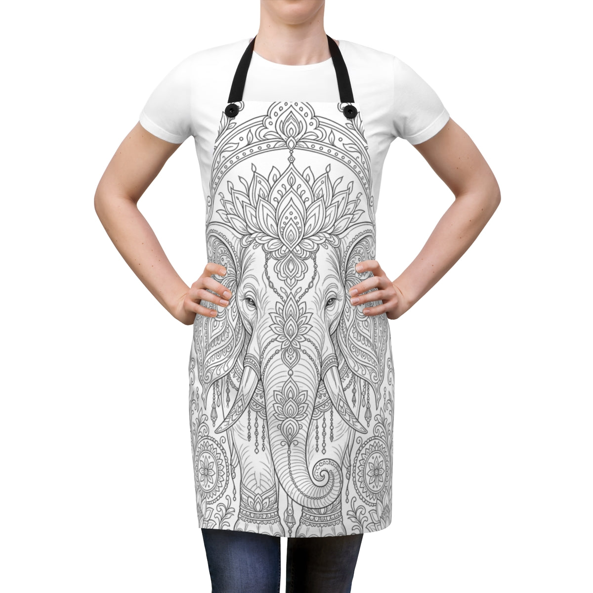 Ornate Elephant Lotus Garden Apron kit shown in a lifestyle mockup - worn by a woman