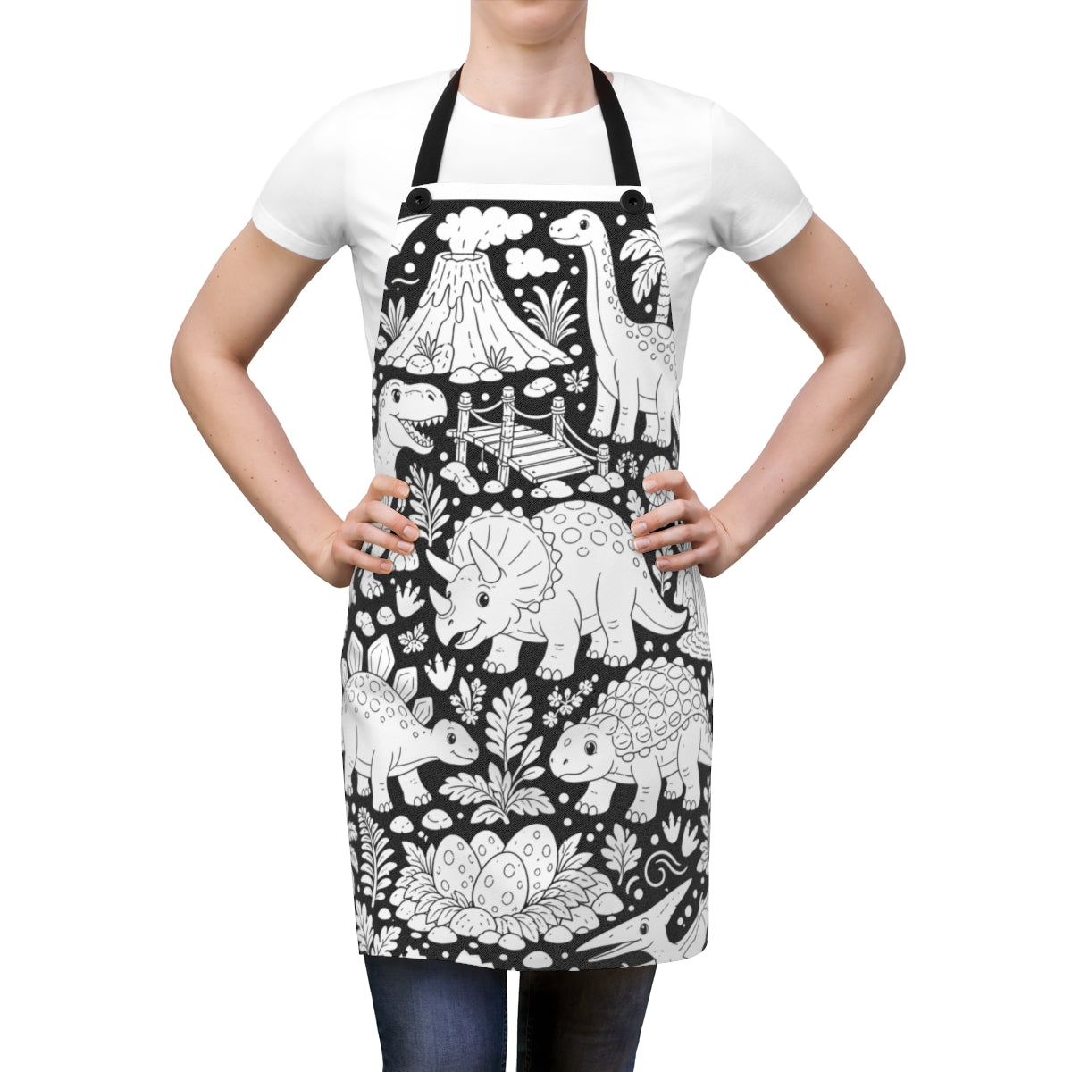 Dinosaur Jungle Apron kit shown in a lifestyle mockup - worn by a woman