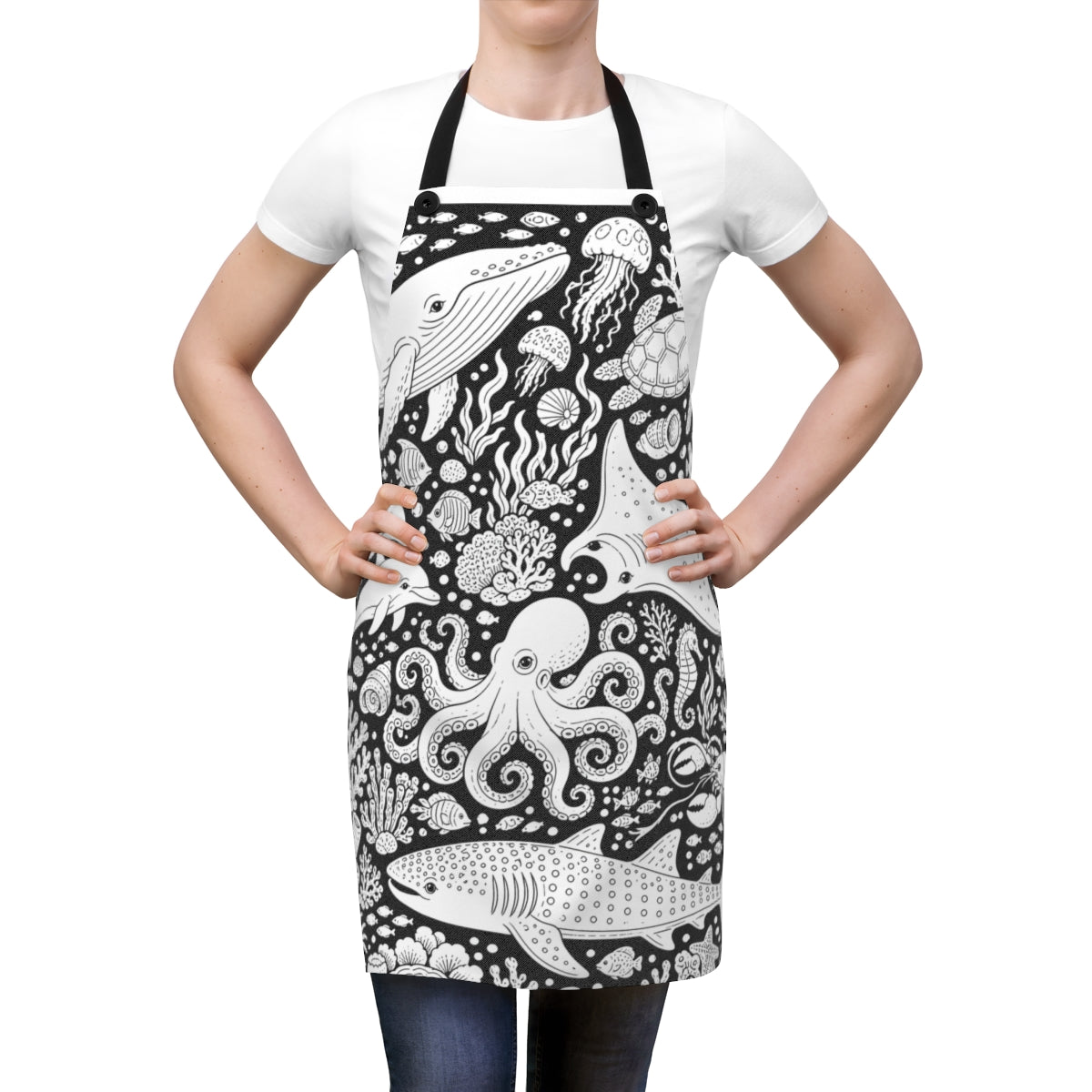 Ocean Wildlife Coral Reef Apron kit shown in a lifestyle mockup - worn by a woman