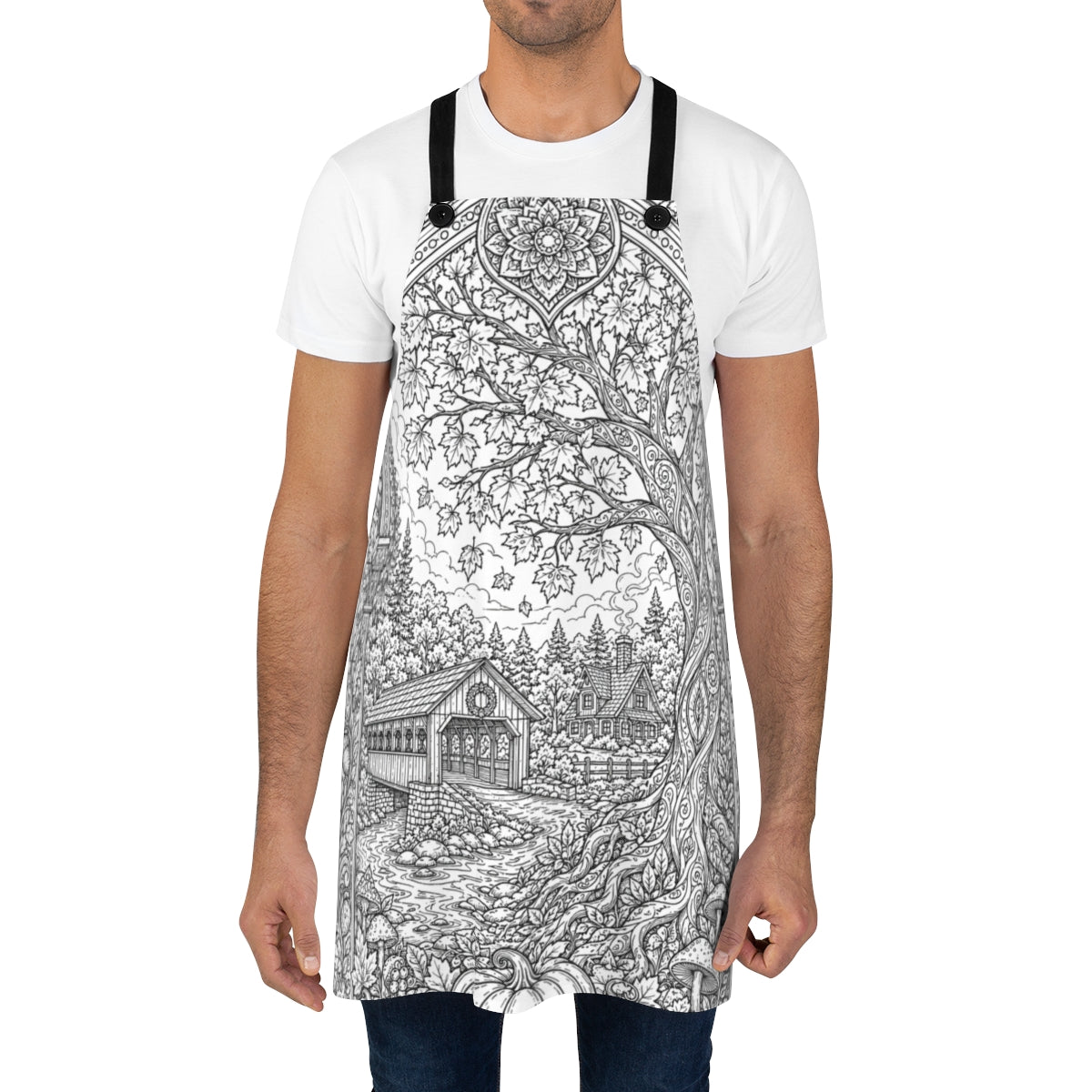 Autumn Covered Bridge Apron coloring kit shown in a lifestyle mockup - worn by a man