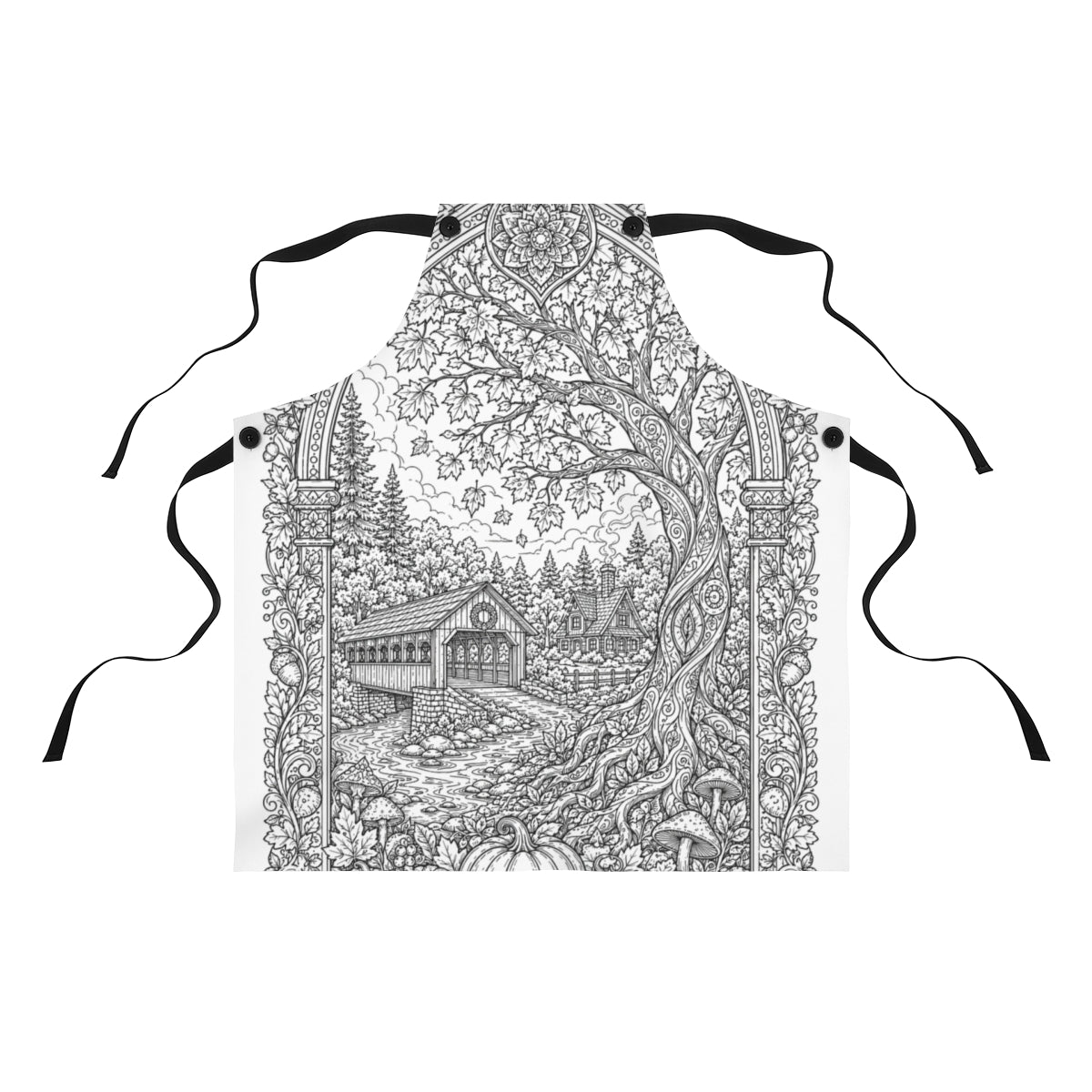Autumn Covered Bridge Apron coloring kit shown in a lifestyle mockup - front view