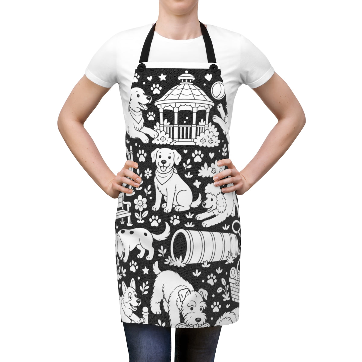 Dog Park Puppies Apron kit shown in a lifestyle mockup - worn by a woman