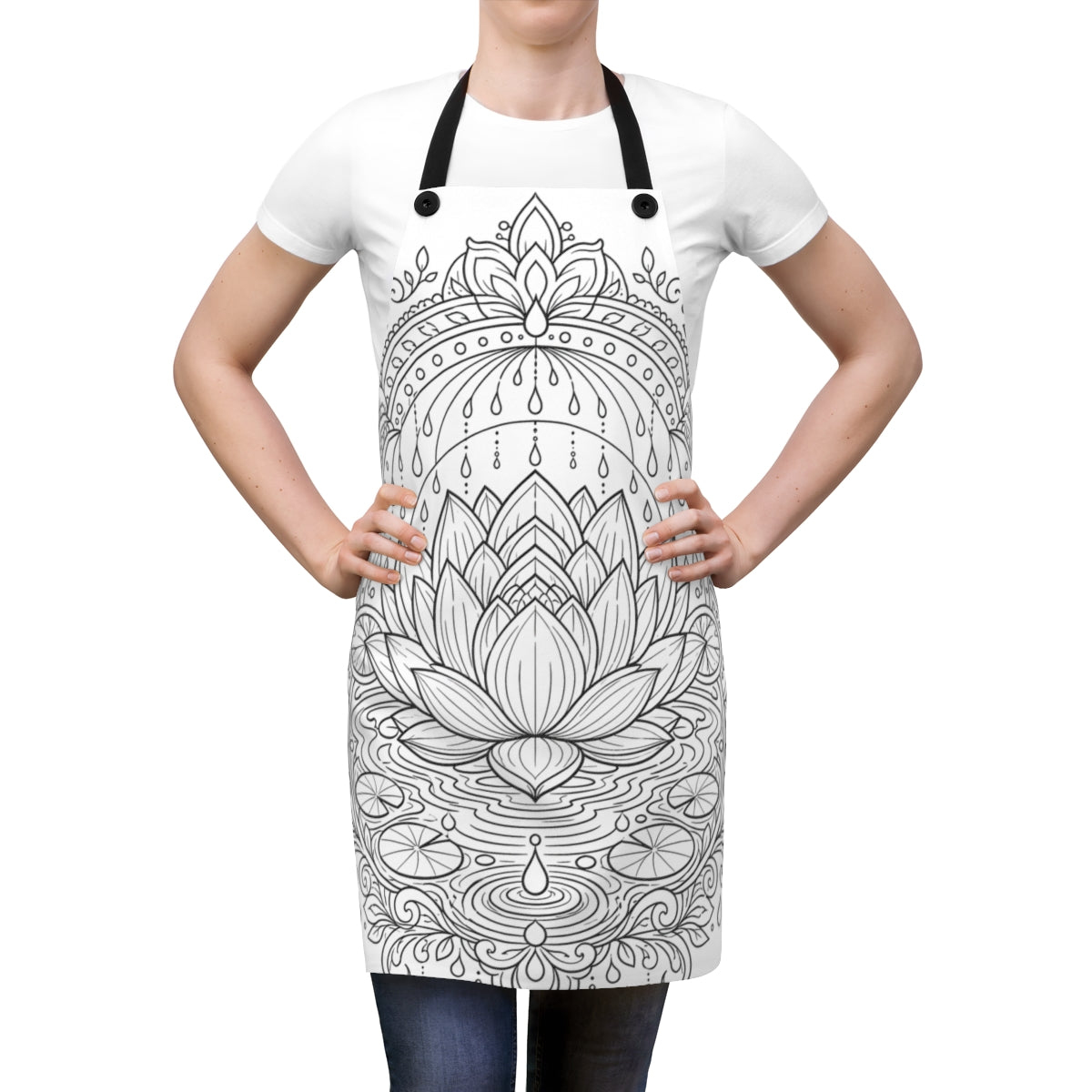 Zen Lotus Rain Mandala Apron kit shown in a lifestyle mockup - worn by a woman