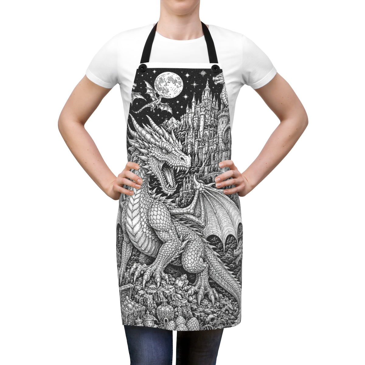 Moonlit Dragon Castle Apron kit shown in a lifestyle mockup - worn by a woman