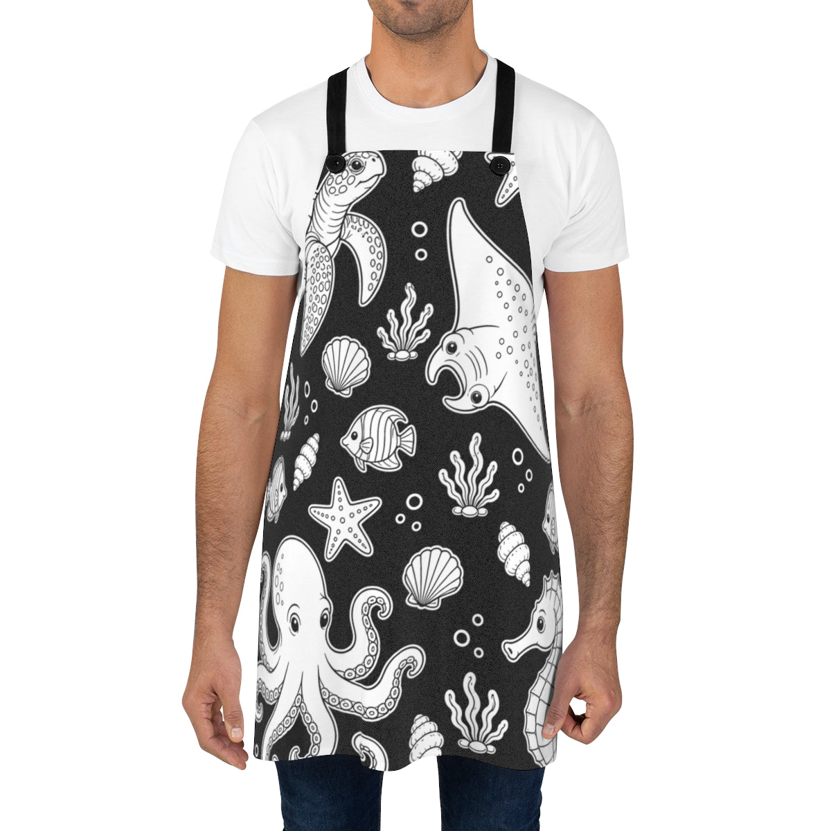 Ocean Friends Apron kit shown in a lifestyle mockup - worn by a man
