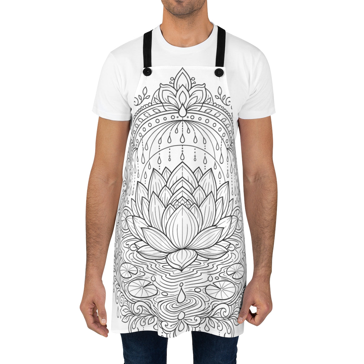 Zen Lotus Rain Mandala Apron kit shown in a lifestyle mockup - worn by a man