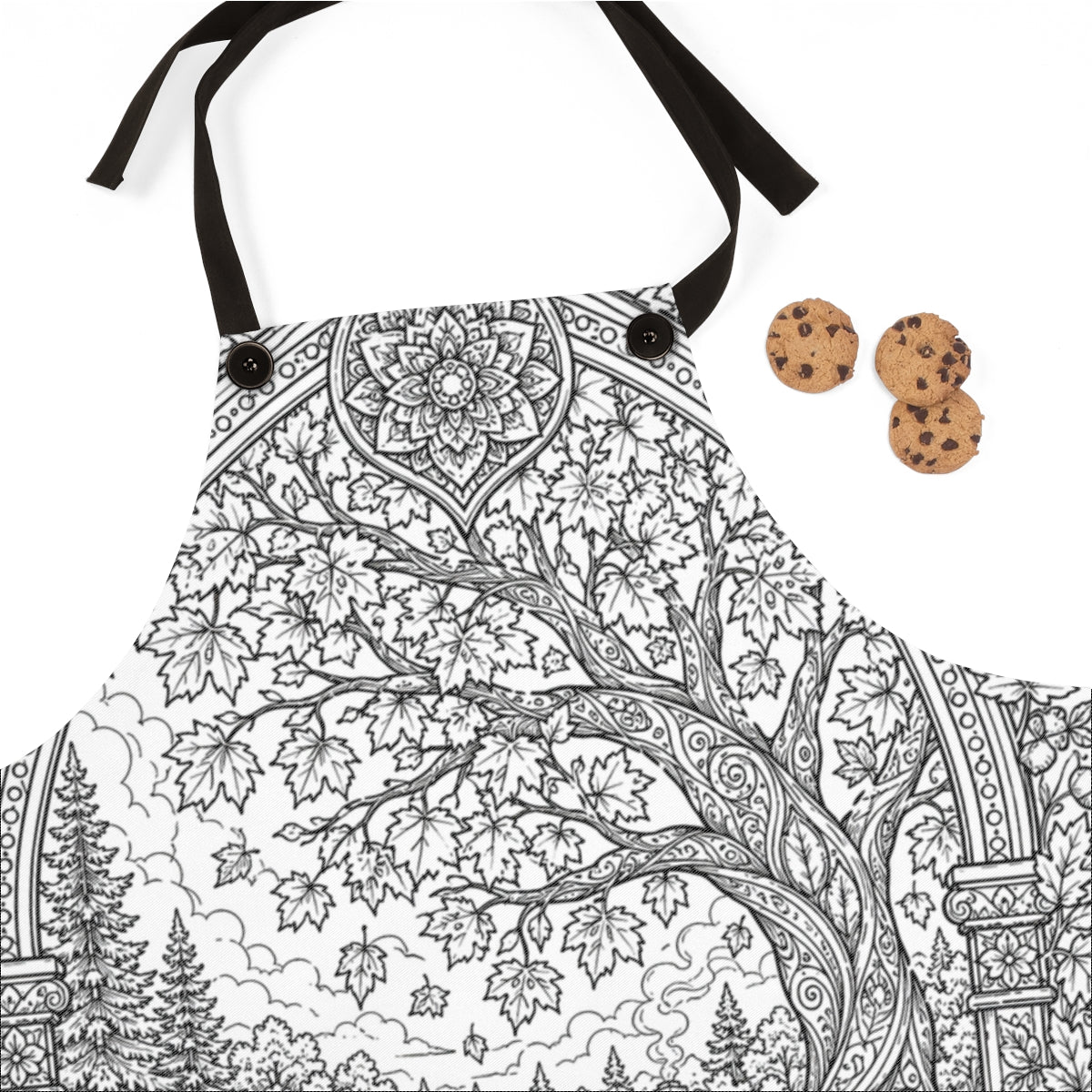 Autumn Covered Bridge Apron coloring kit shown in a lifestyle mockup - fabric close-up