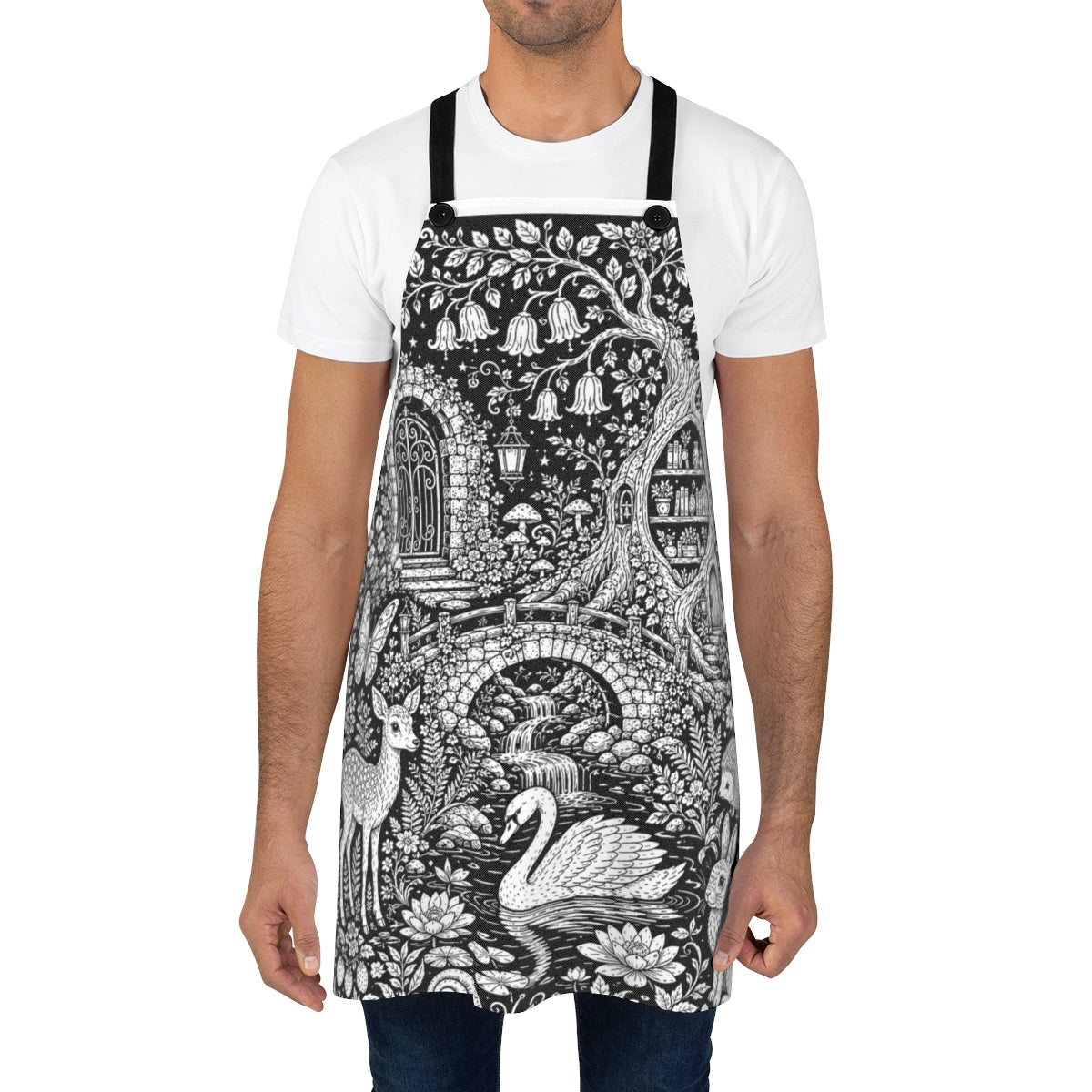 Moonlit Woodland Pond Apron kit shown in a lifestyle mockup - worn by a man