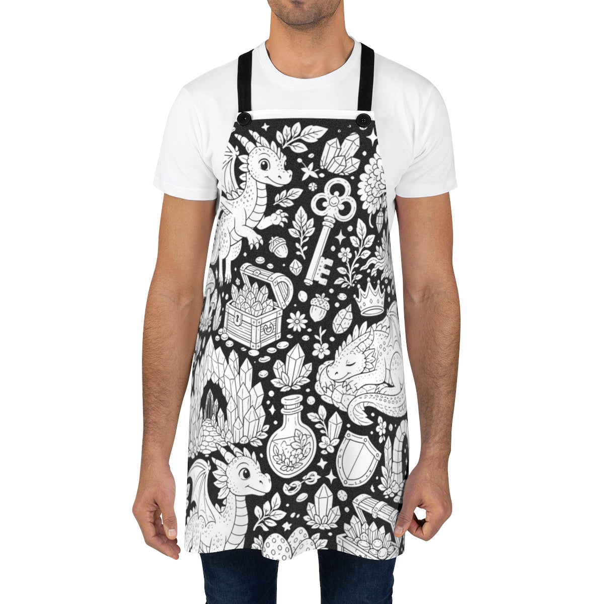 Baby Dragon Treasure Grove Apron kit shown in a lifestyle mockup - worn by a man