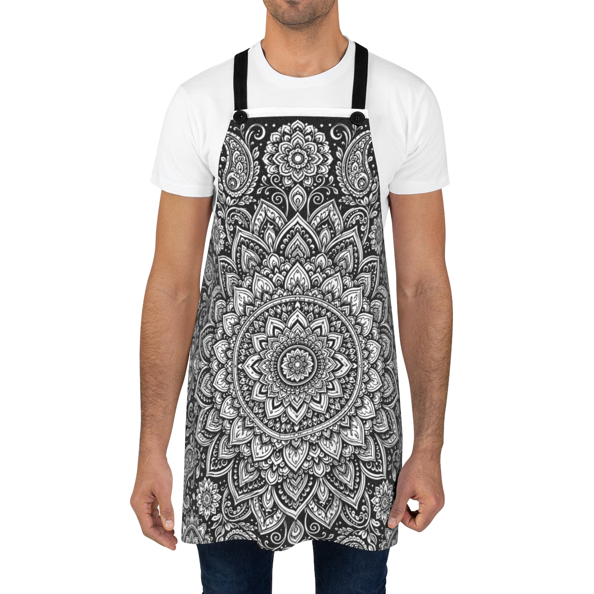 Paisley Flower Mandala Apron kit shown in a lifestyle mockup - worn by a man