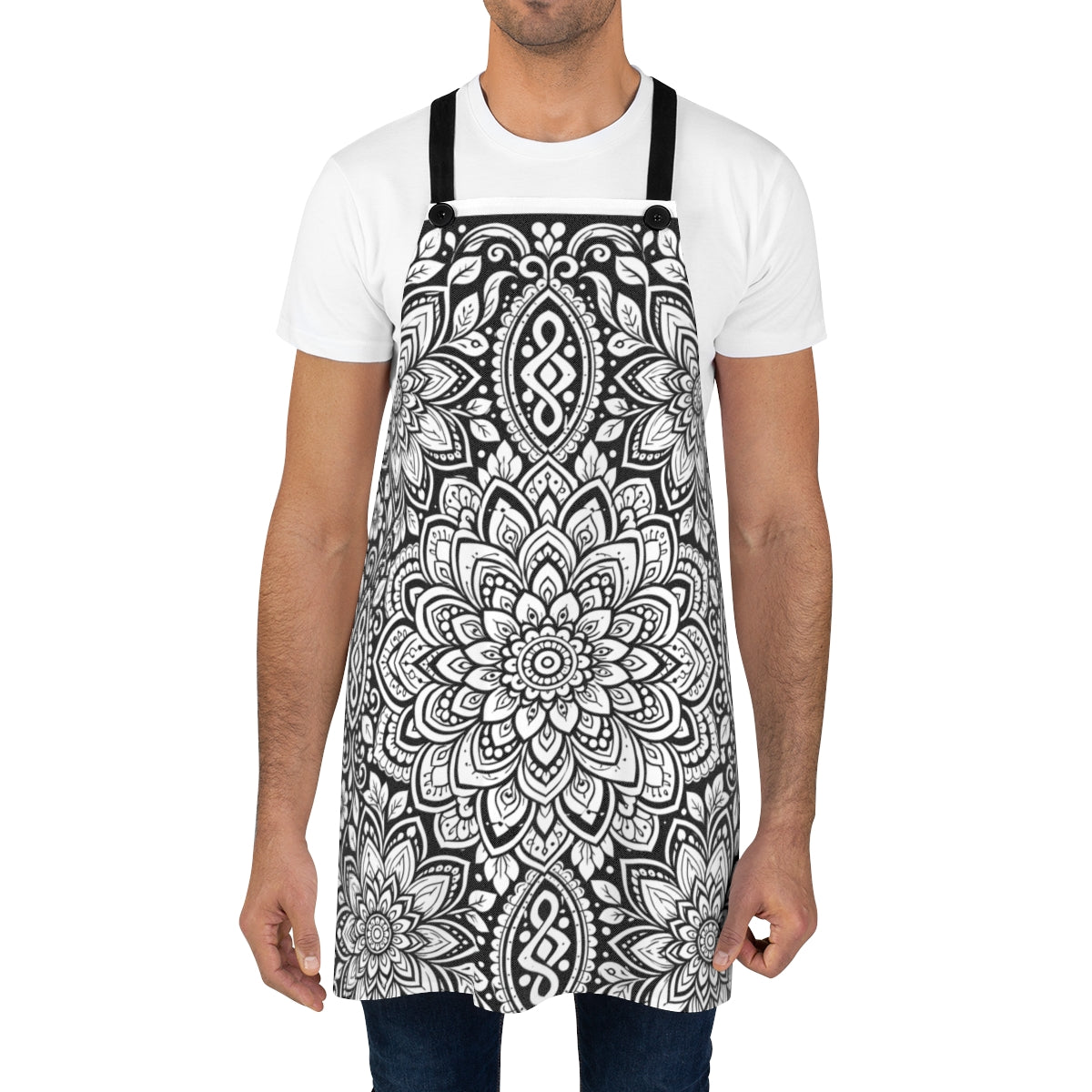 Lotus Bloom Mandala Apron kit shown in a lifestyle mockup - worn by a man