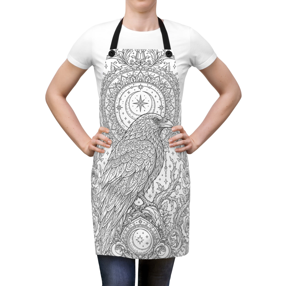 Celestial Raven Moon Garden Apron kit shown in a lifestyle mockup - worn by a woman