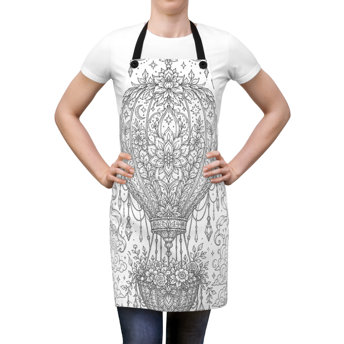 Celestial Hot Air Balloon Apron kit shown in a lifestyle mockup - worn by a woman