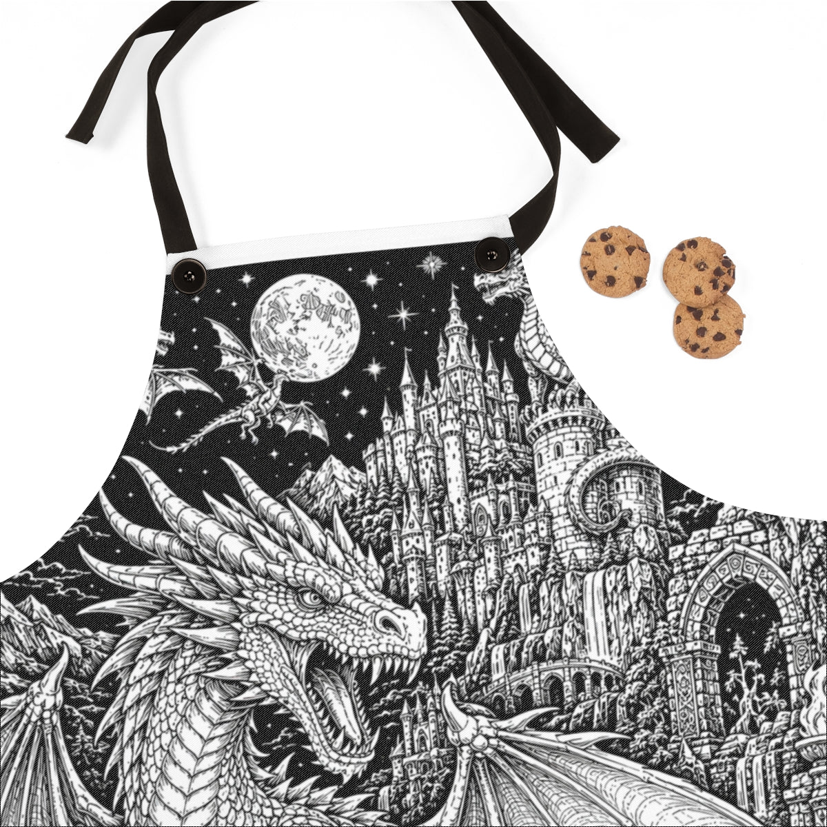 Moonlit Dragon Castle Apron kit shown in a lifestyle mockup - fabric close-up