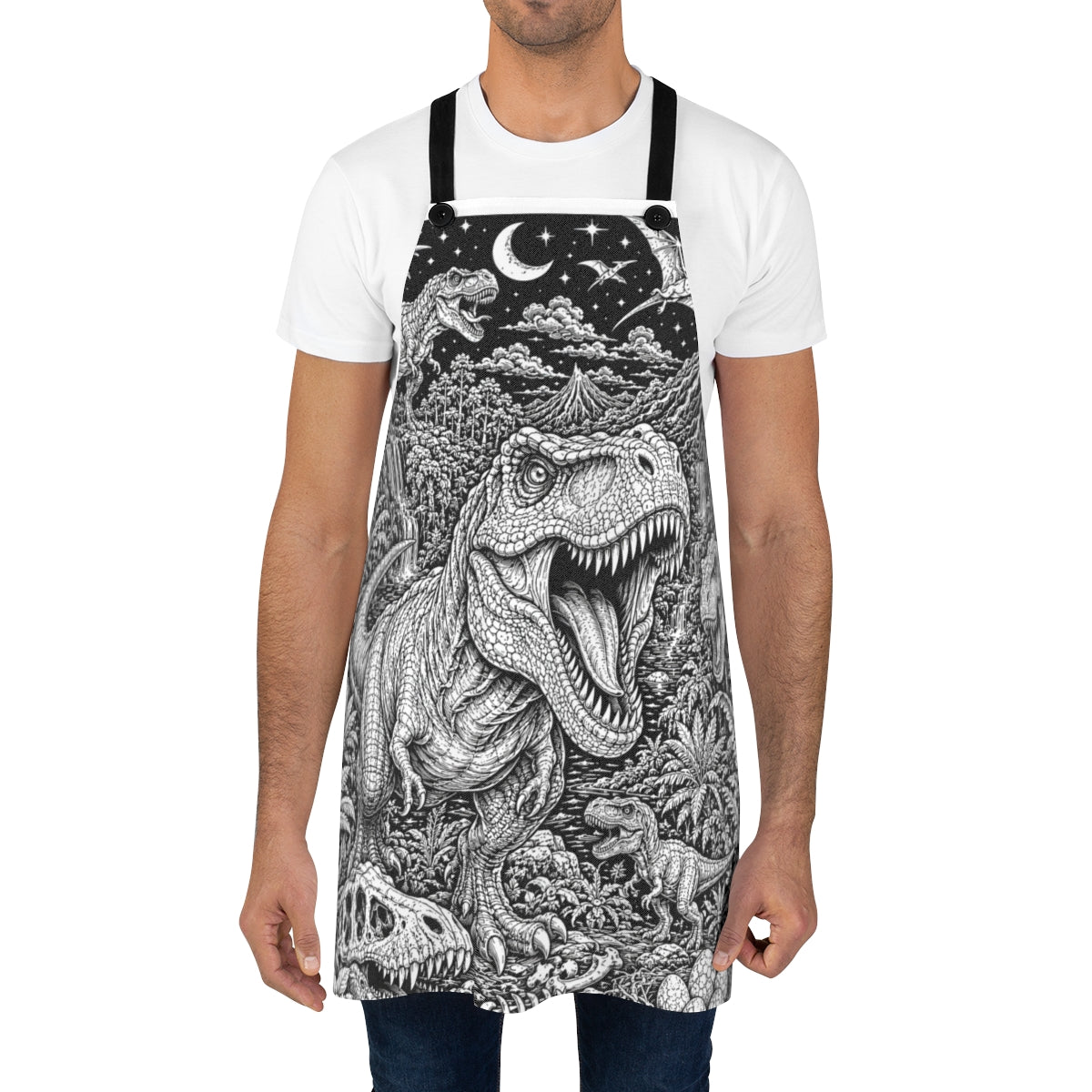 Dinosaur Volcano Valley Apron kit shown in a lifestyle mockup - worn by a man