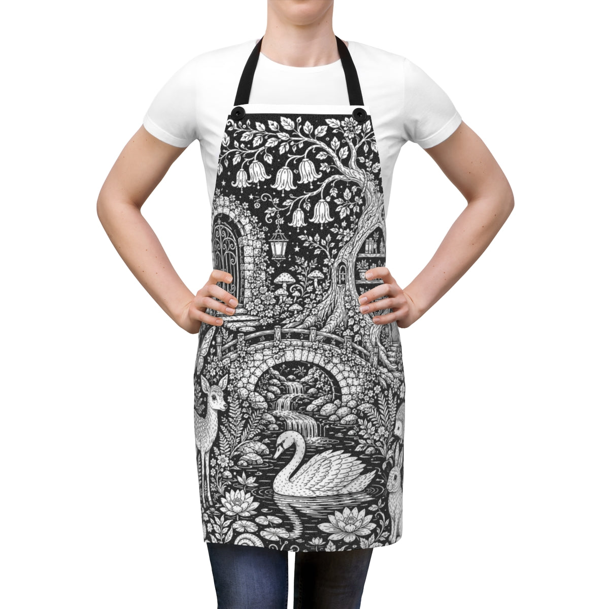 Moonlit Woodland Pond Apron kit shown in a lifestyle mockup - worn by a woman