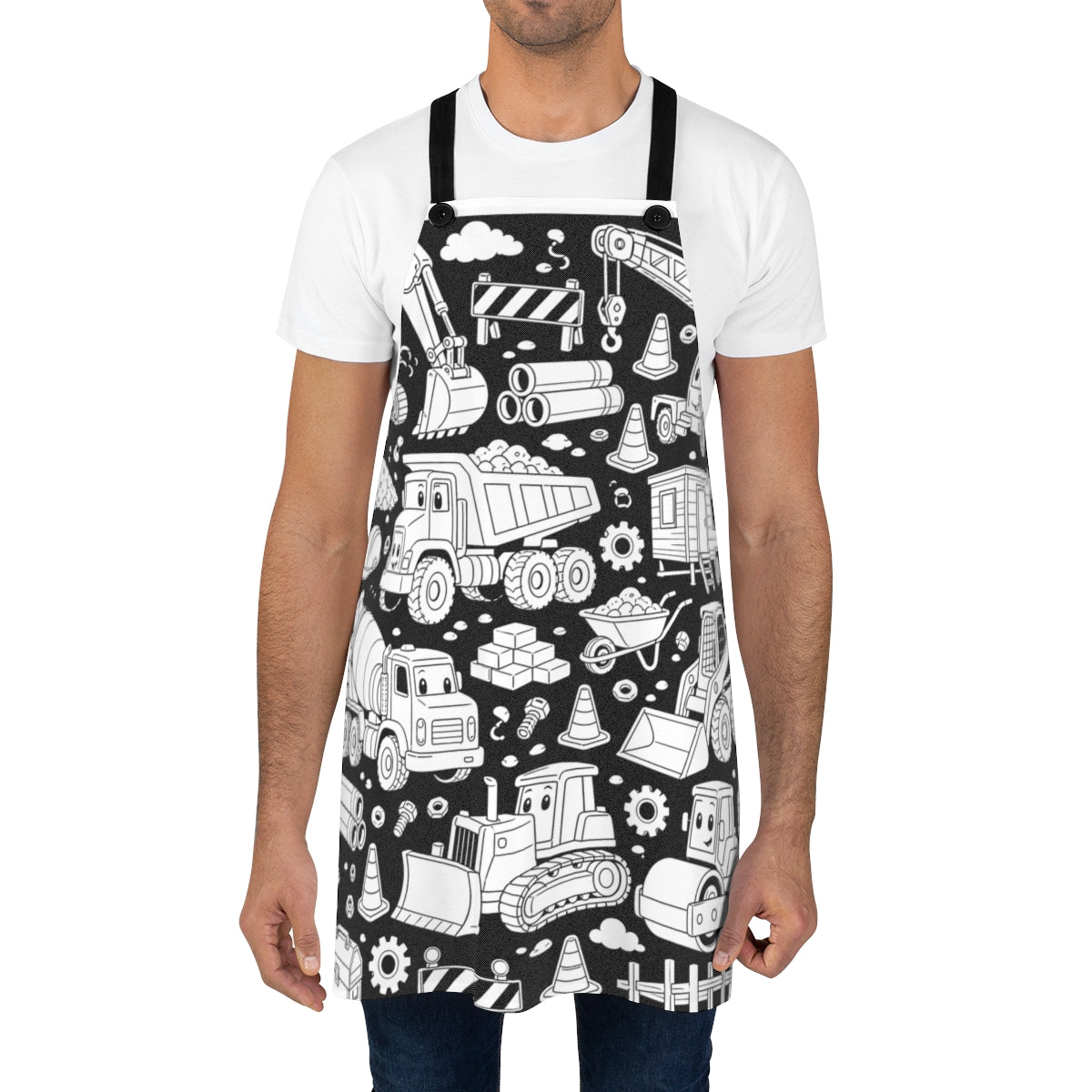 Happy Construction Trucks Apron kit shown in a lifestyle mockup - worn by a man