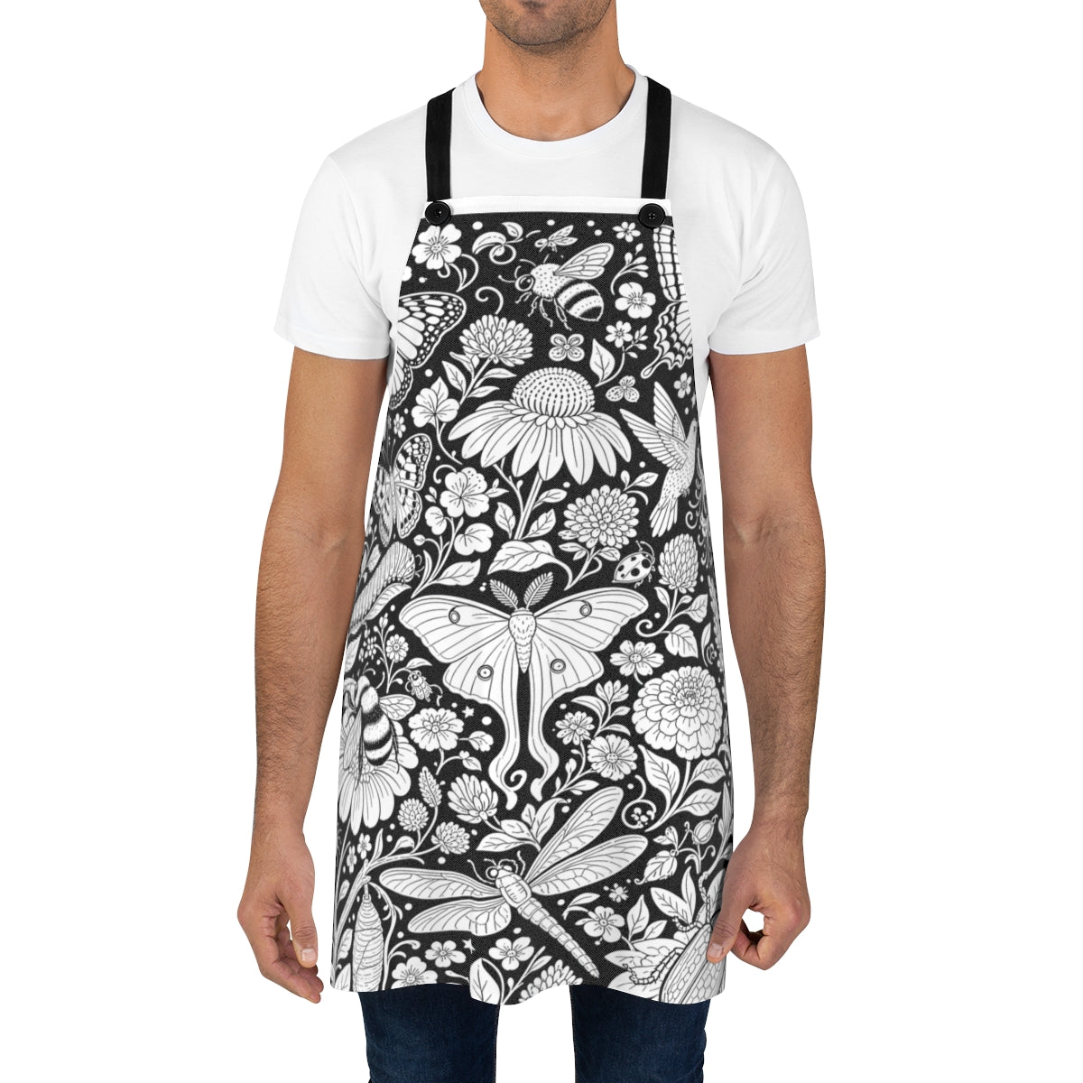 Butterfly and Moth Garden Apron kit shown in a lifestyle mockup - worn by a man