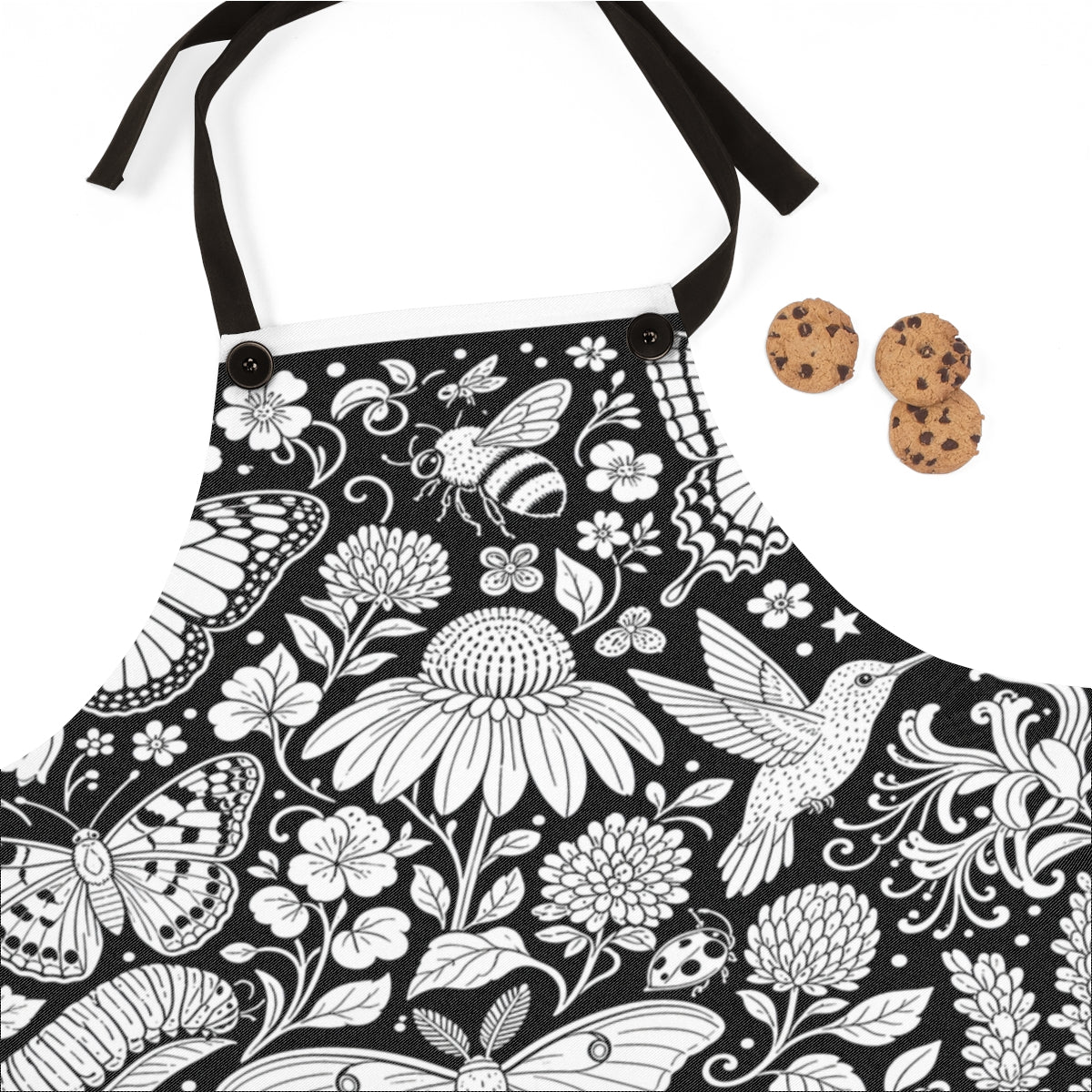 Butterfly and Moth Garden Apron kit shown in a lifestyle mockup - fabric close-up