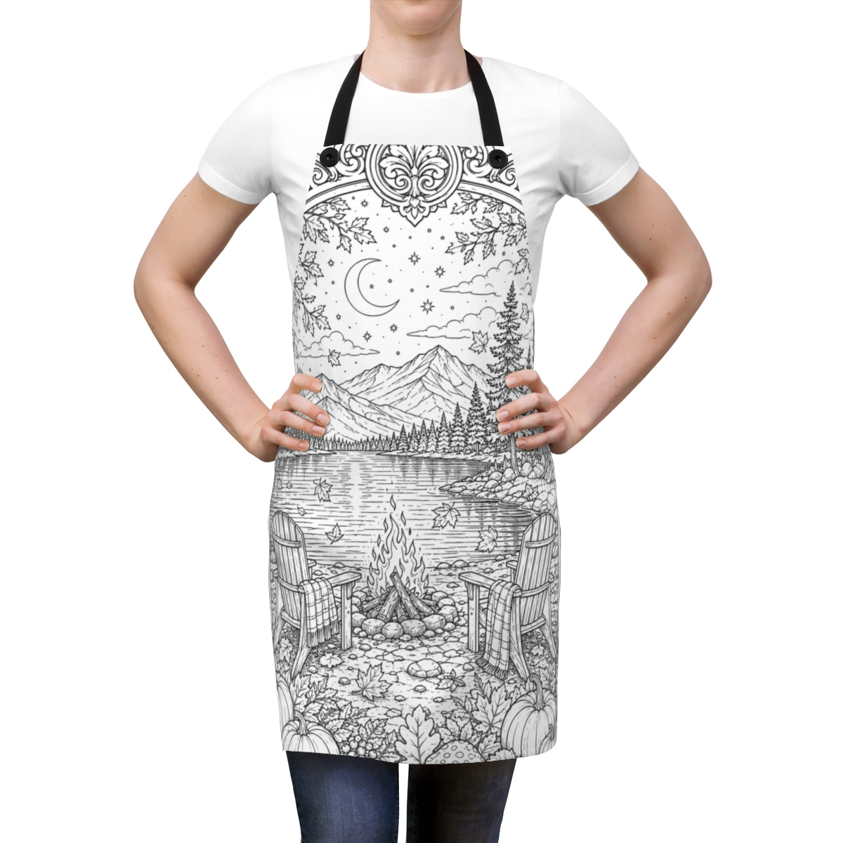 Autumn Lakeside Campfire Apron kit shown in a lifestyle mockup - worn by a woman