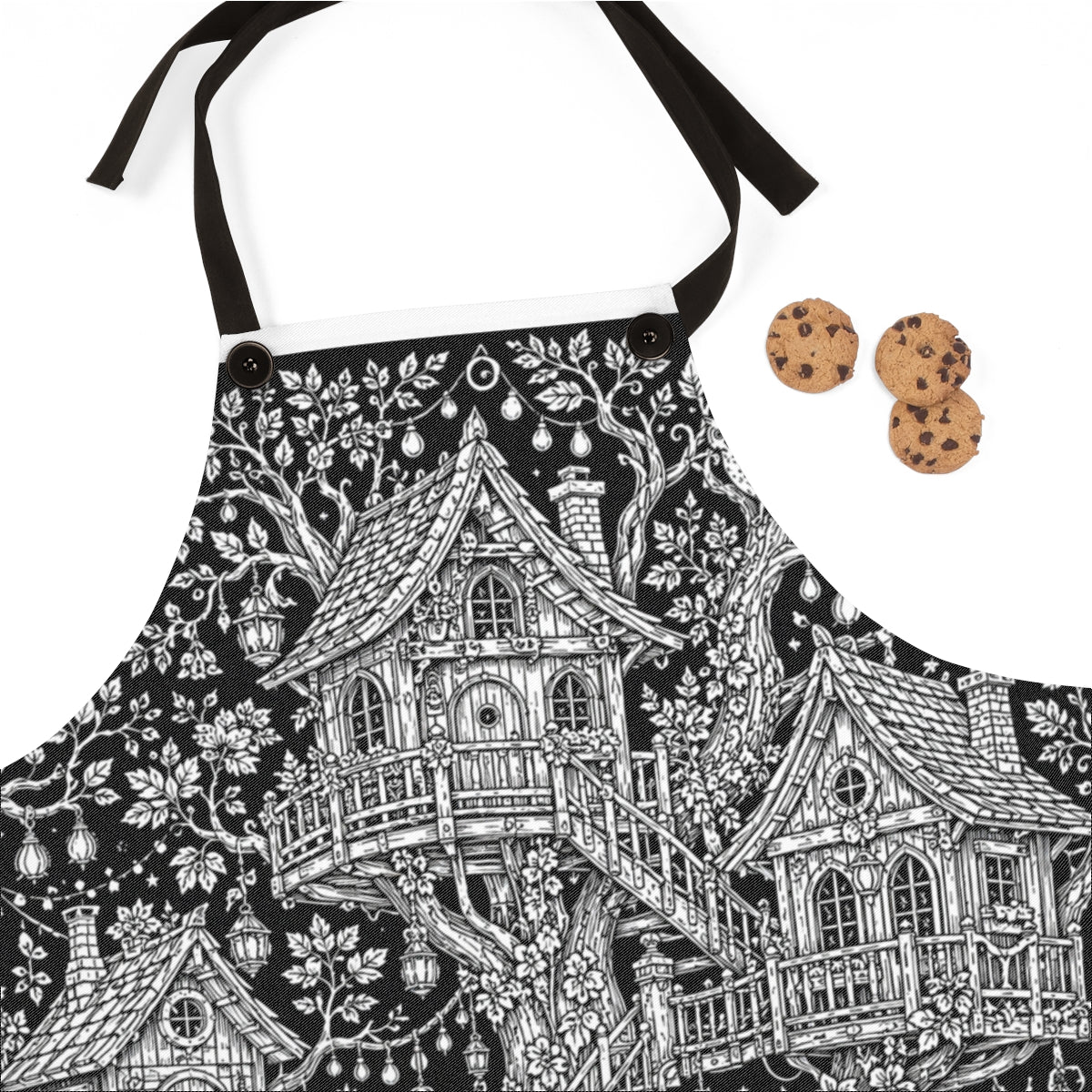 Moonlit Fairy Treehouse Village Apron kit shown in a lifestyle mockup - fabric close-up