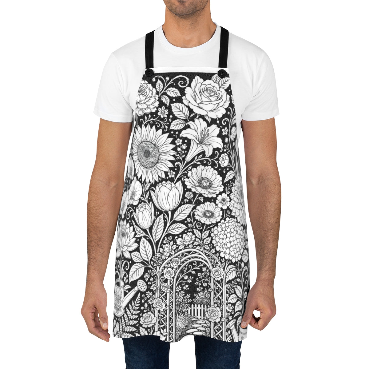 Garden Arbor Blooms Apron kit shown in a lifestyle mockup - worn by a man