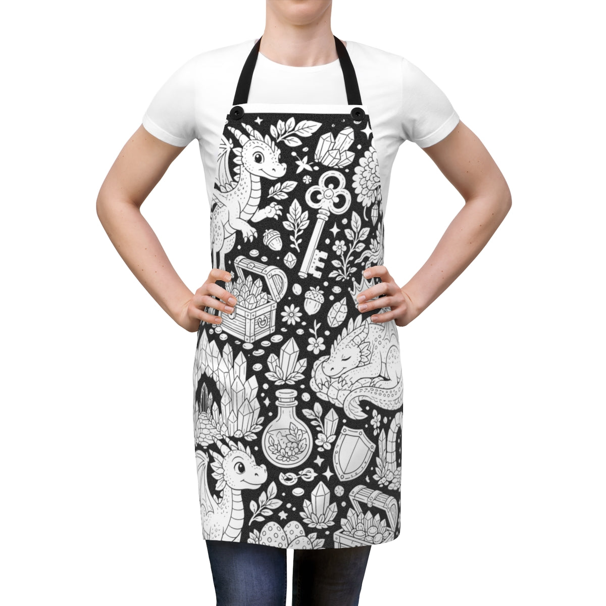 Baby Dragon Treasure Grove Apron kit shown in a lifestyle mockup - worn by a woman