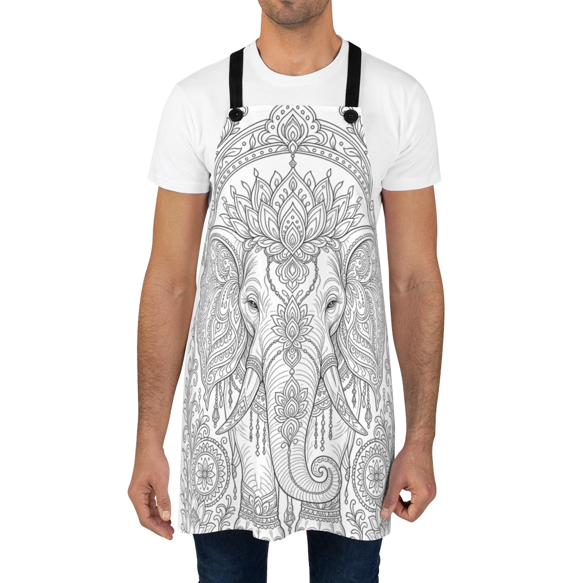 Ornate Elephant Lotus Garden Apron kit shown in a lifestyle mockup - worn by a man