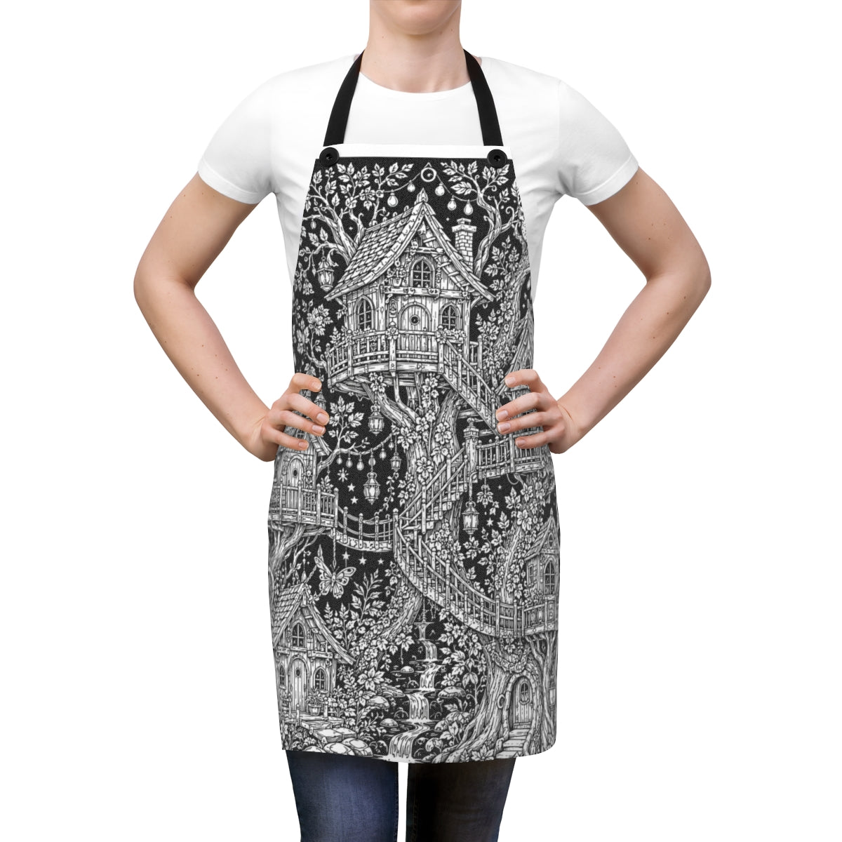 Moonlit Fairy Treehouse Village Apron kit shown in a lifestyle mockup - worn by a woman