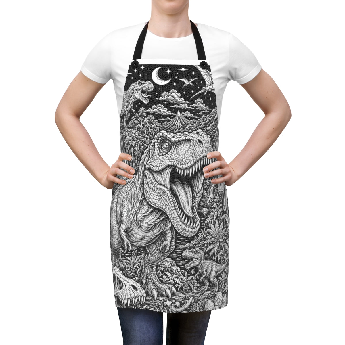 Dinosaur Volcano Valley Apron kit shown in a lifestyle mockup - worn by a woman