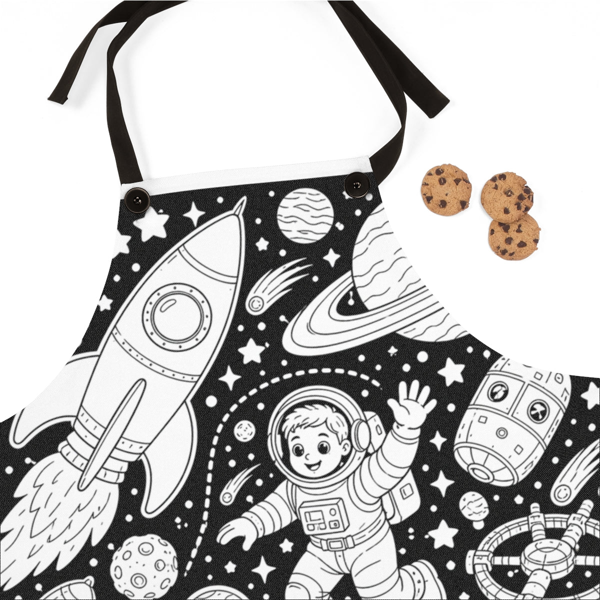 Kids Space Adventure Apron kit shown in a lifestyle mockup - fabric close-up