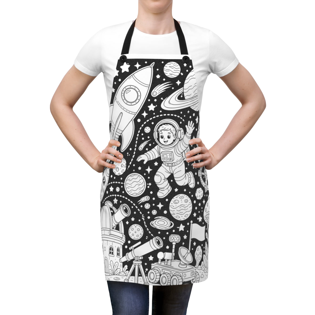 Kids Space Adventure Apron kit shown in a lifestyle mockup - worn by a woman