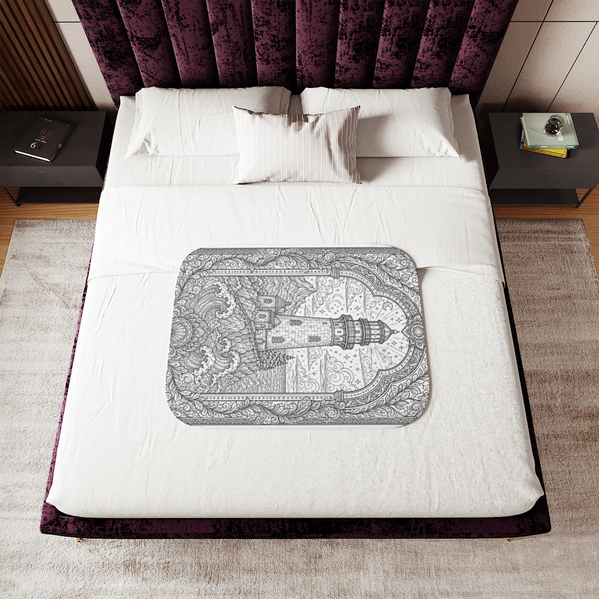 Moonlit Lighthouse By the Sea Sherpa Blanket kit shown in a lifestyle mockup - 30" × 40"