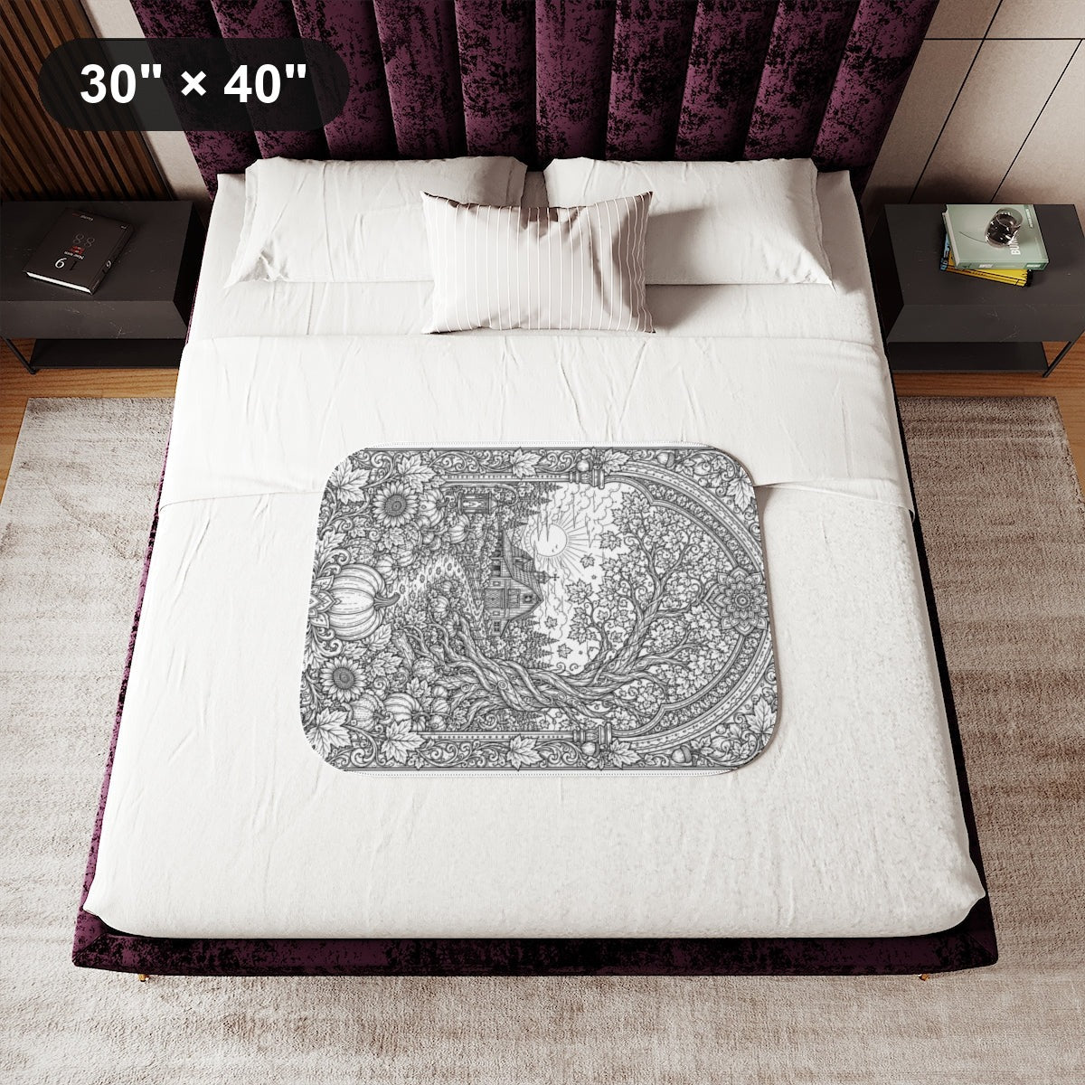 Autumn Sunrise Barn Sherpa Blanket kit shown in a lifestyle mockup - 30" × 40"