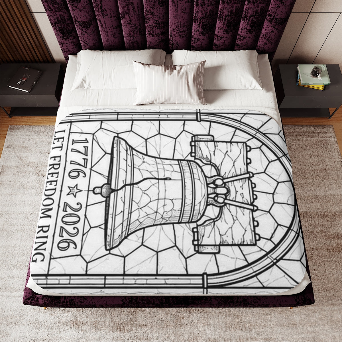 Liberty Bell Patriotic Sherpa Blanket kit shown in a lifestyle mockup